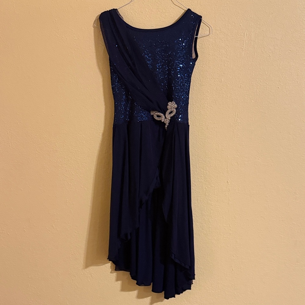 Navy Asymmetrical Sequin Evening Dress with Brooch